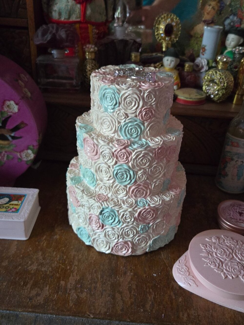 Rose Cake Coin Bank Cottagecore Pastel Jewelry Display  MISSING bank plug